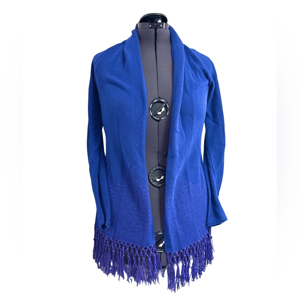 LILLY PULITZER Women's Tatum Blue Fringe Open-Front Cotton Boho Cardigan Small